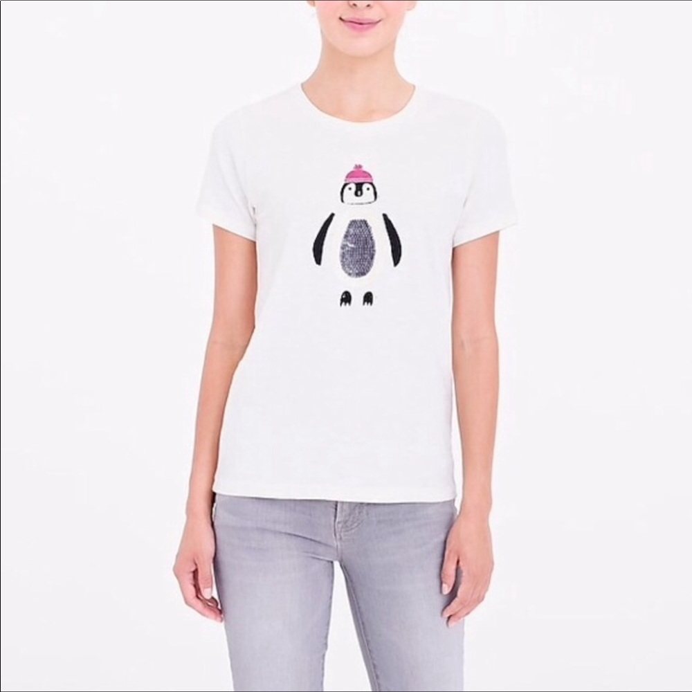 J. Crew Sequin Penguin Collector T-Shirt Short Sleeve Cotton Crew Neck Size XXS